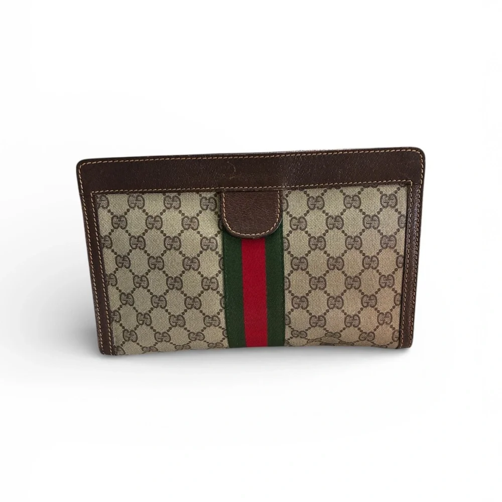 Vintage Gucci GG Supreme Web Sherry Line clutch bag in beige PVC & brown leather - Picture 2 of 7